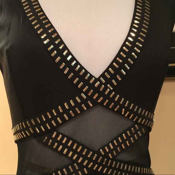 Sexy black & gold body hugging dress w/gold studs - Picture 3 of 5